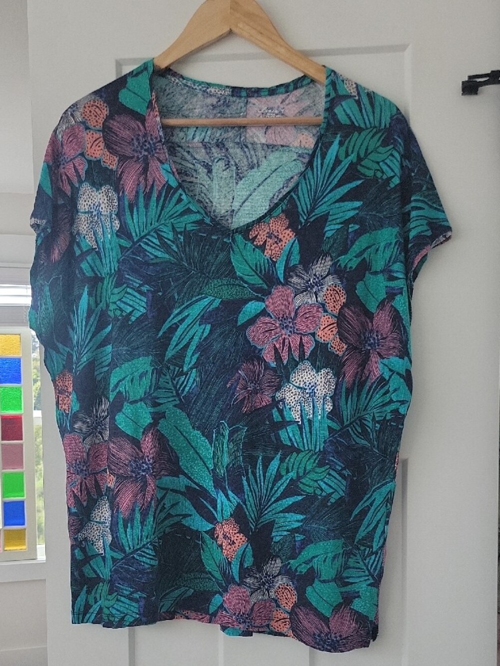 LOFT Floral Linen V-Neck Tee in Teal, Pink & Navy
